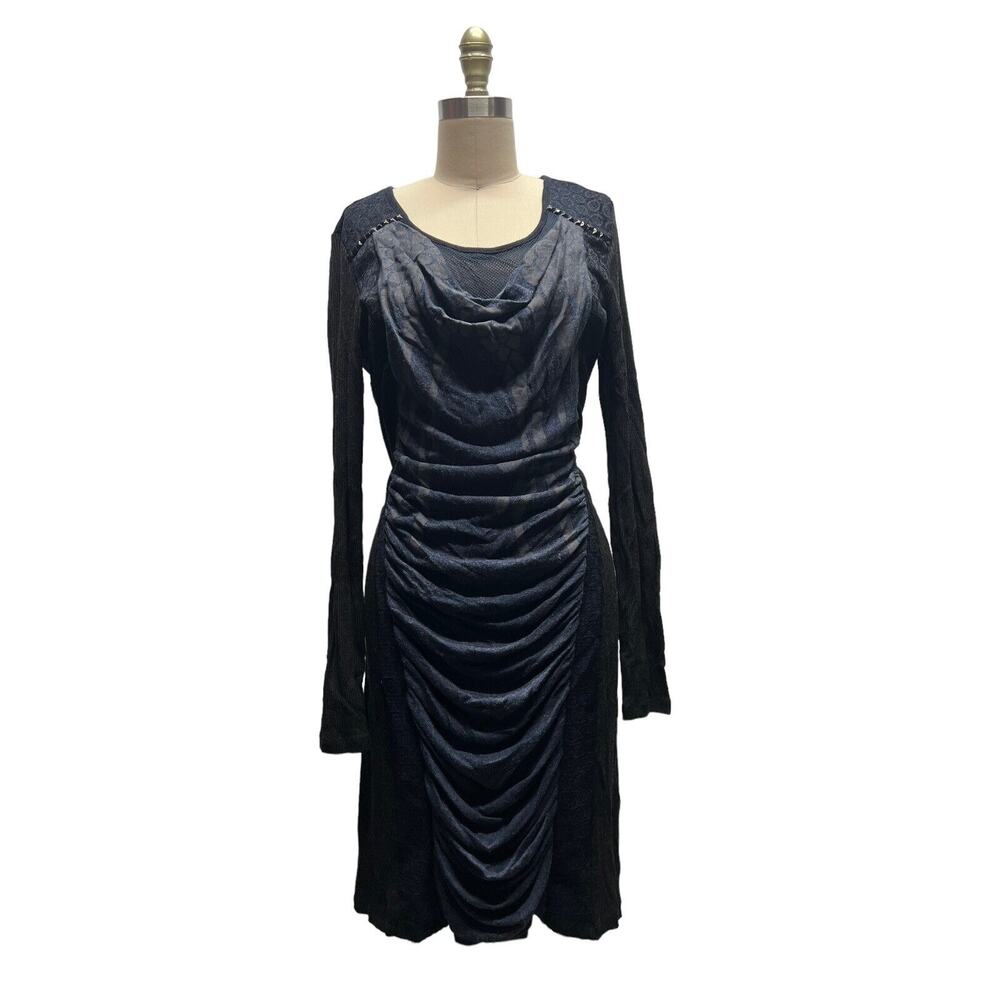 Anvrdie Black Blue Draped Front ART TO WEAR Ribbed Heathered Dress SZ 4